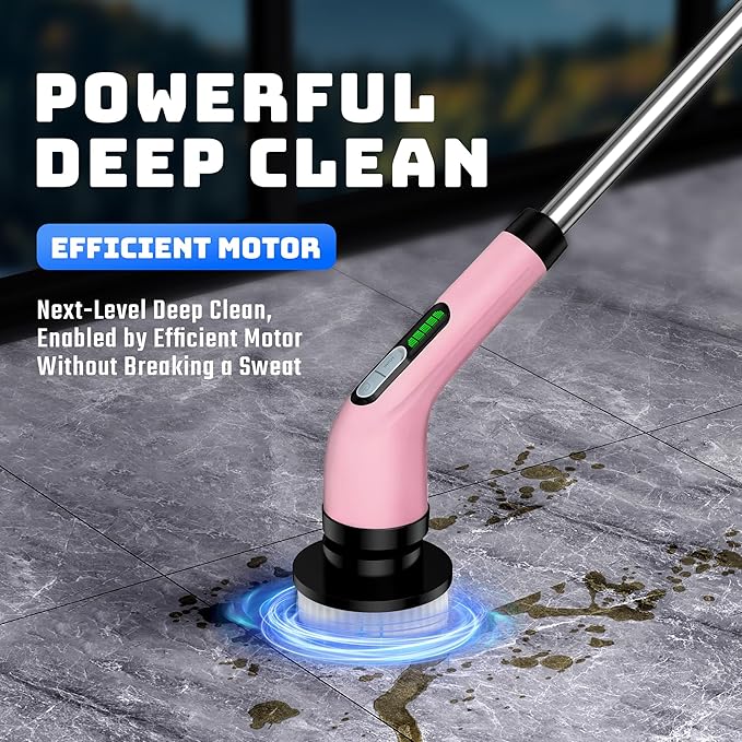 Electric Spin Scrubber - Cordless Bathroom Scrubber with 7 Brush Heads - Dual Speed IPX7 Waterproof Power Scrubber for Heavy-Duty Bathtub Glass Tile and Car Cleaning (Pink)