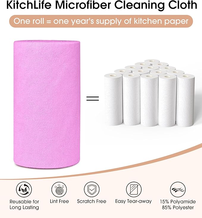 KitchLife Microfiber Cleaning Cloth Roll 100 Pack - Tear-Away Microfiber Paper Towels Lint-Free Reusable Washable for Kitchen Car Dishes and Sensitive Surfaces (Light Purple)