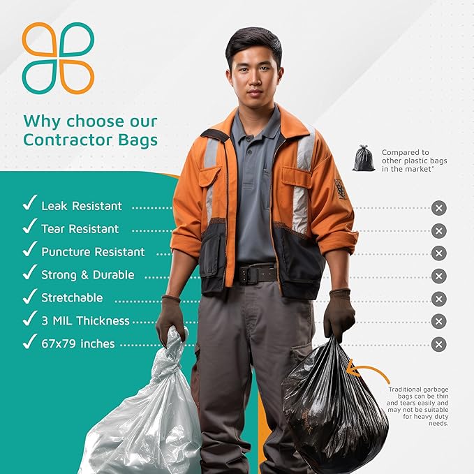 PlasticMill Contractor Bags Heavy Duty - Commercial Industrial Garbage Bags - Clear Construction Trash Bags - Outdoor Garden Trash Bags 100-Gallon 3 Mil 67x79 (10-Count)