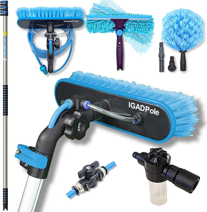 IGADPole 12 FT Water-Fed Washing Kit with Soap-Dispenser Brush 10″ Squeegee &amp Cobweb Duster for Windows Gutters Solar Panels &amp Exterior Walls