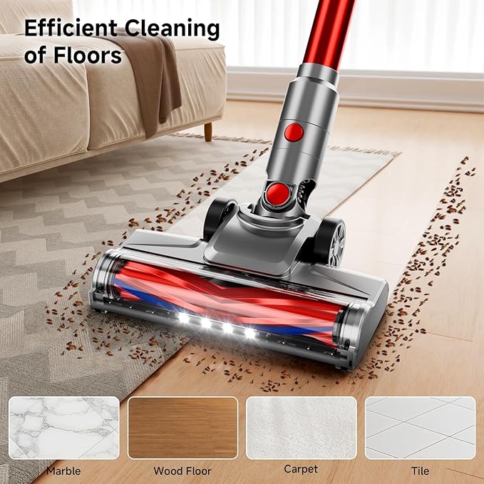 Cordless Vacuum Cleaner 35Kpa Vacuum Cleaner for Home 45Mins Stick Vacuum with LED Display Anti-Tangle &amp Wall Mount Charging 6 in 1 Lightweight Vacuum for Hard Floors Carpet Pet Hair (red)