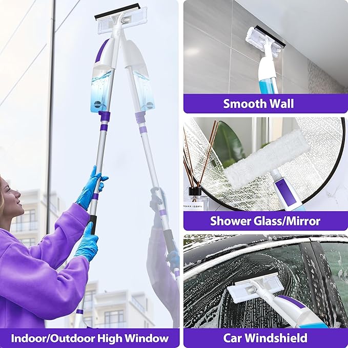 Spray Window Squeegee with 60 Extension Pole Window Cleaning Squeegee Kit- 2-In-1 Squeegee Scrubber 3 Microfiber Cleaning Pad&amp400ML Refill Bottle Multi-Use Squeegee for Home Shower Car Windshi