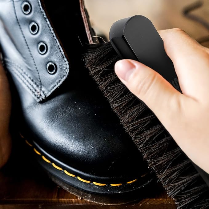 Premium Horsehair Shoe Polish Brush – Handcrafted Beechwood Shoe Brush for Shine and Buffing – Luxurious Shoe Shine Brush with Soft Horsehair Bristles (Black)