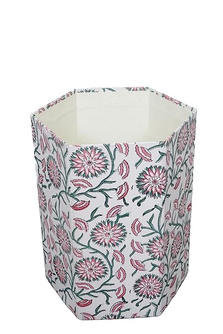 Handmade Cotton Paper Waste Basket Stylish Trash Can for Home or Office (1 White Pink SUNFLOWAR)