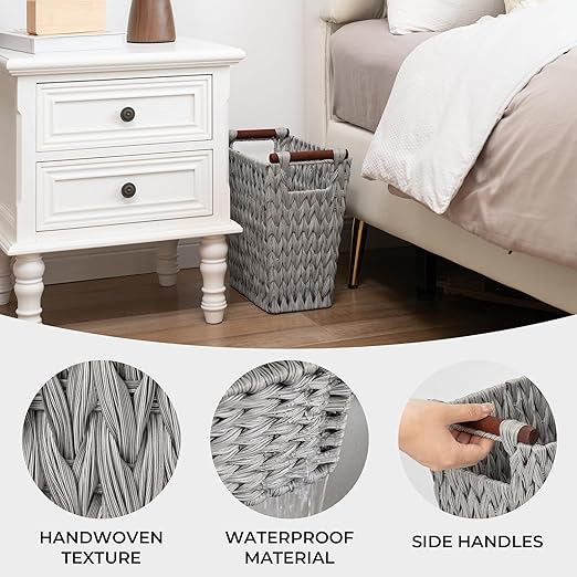 GRANNY SAYS Woven Waste Basket Gray Wicker Basket with Wood Handles Wicker Waste Basket for Bathroom Living Room 2-Pack 13 x 7 ½ x 12 ½