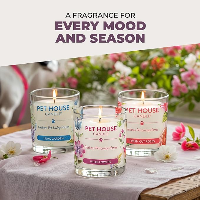One Fur All Pet House Candle 2 Pack - Plant-Based/Soy - Clean Burning Scented Long Lasting Pet Odor Candle for Home - Fresh Citrus Lavender Green Tea