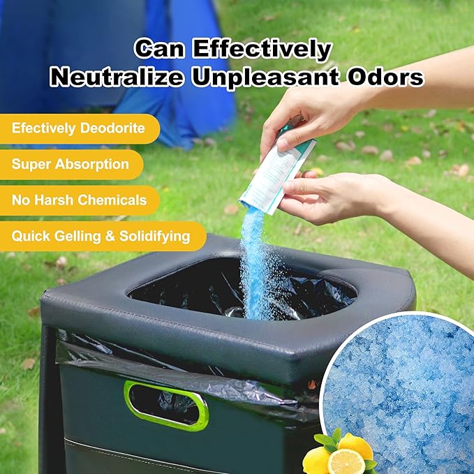 Super Absorbent Polymer 30 PacksPortable &amp Fast-Absorbing Camp Toilet Chemicals Gel with 5 Gallon Bucket Toilet Luggable Drawstring Bag Emergency Toilet Bag&ampPotty Gel