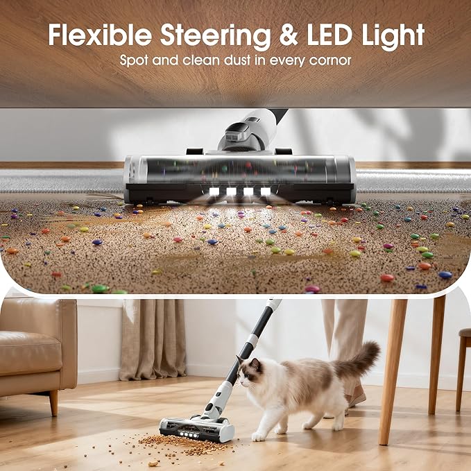 Cordless Vacuum Cleaner Upgraded 650W 55KPA 70Mins Runtime Fast Charging Self-Standing Vacuum Cleaners for Home LED Light Touch Screen Vacuum Cleaner Light Weightfor Pet Hair/Floor White