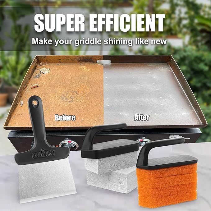 GRILLART Griddle Cleaning Kit for Blackstone Flat Top Grill Cleaning Kit with Grill Stone Griddle Scraper Scouring Pad and Handles Multifunctional Griddle Accessories for Rusty Grills Orange