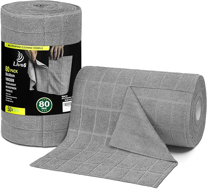 LIVOS Microfiber Cleaning Cloth Roll - 80 Pack Reusable Paper Towels Microfiber Towels for Cars Super Absorbent Lint Free Cleaning Rags for House Kitchen Window-Check Grey 11.5x11.5