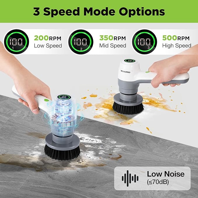 WORKPRO 8V Electric Spin Scrubber 3-Speed Adjustable Shower Scrubber with 6 Replaceable Brush Heads IPX6 Waterproof Electric Scrubber for Cleaning Bathroom Kitchen Sinks and Windows