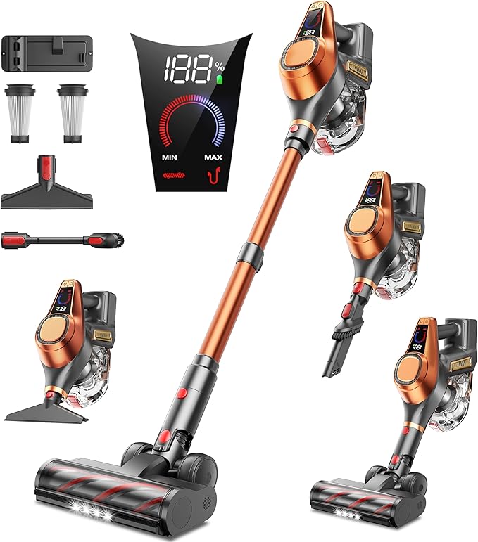 Fieety Cordless Vacuum Cleaner 550W 45KPA 60Mins Powerful Vacuum Cleaners for Home 1.6L Dust Cup LED Display Anti-Tangle Self-Standing Stick Vacuum for Carpet/Hardwood Floor/Pet Hair/Car