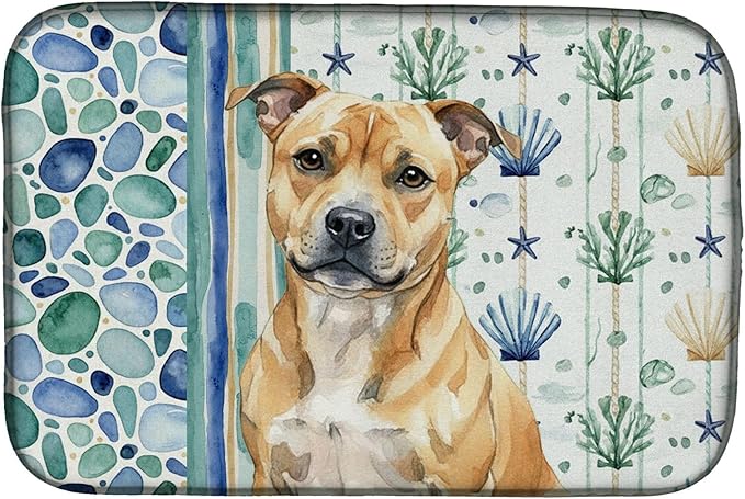 Caroline's Treasures Fawn Staffordshire Bull Terrier Coastal Sea Glass Dish Drying Mat Absorbent Dish Drying Mat Pad for Kitchen Counter Dish Drainer Mat for Countertop 14 x 21 Multicolor