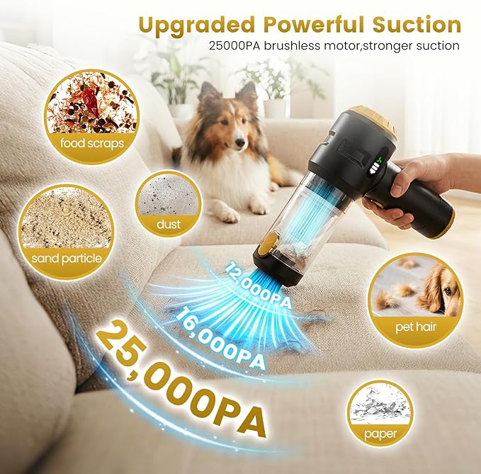 Wansimoo Handheld Car Vacuum Cleaner25000PA Strong Cyclonic Suction Foldable Mini Vacuum Portable Cordless with Digital Display and One Touch Dust Removal for Car Home Office Kitchen (Gold)