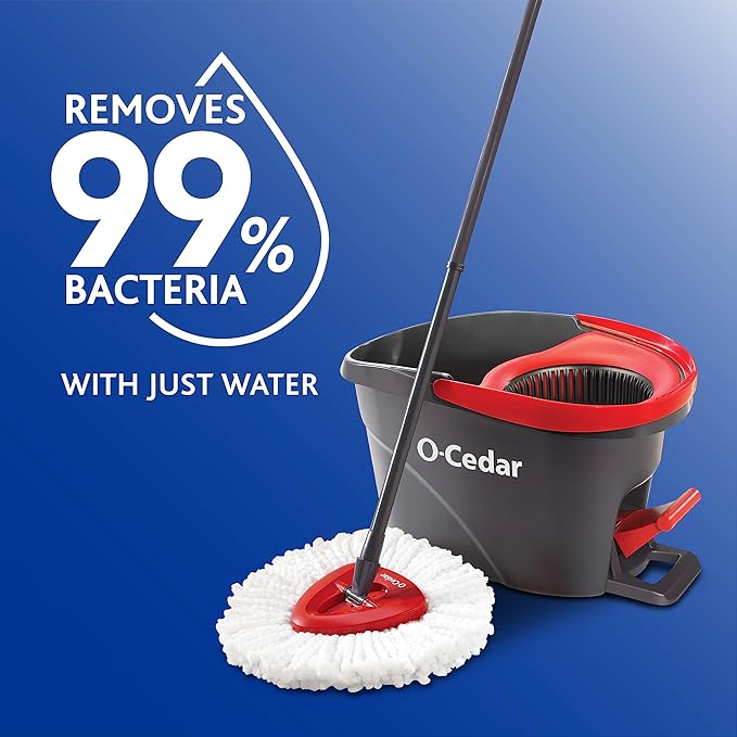 O-Cedar EasyWring Microfiber Spin Mop &amp Bucket Floor Cleaning System + 2 Extra Refills Red/Gray