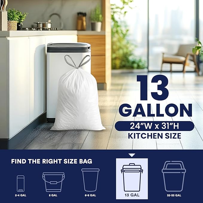 Plasticplace 13 Gallon Trash Bags │ 1.2 Mil │ White Drawstring Garbage Can Liners │ 24 x 31 200 Count (Pack of 1)