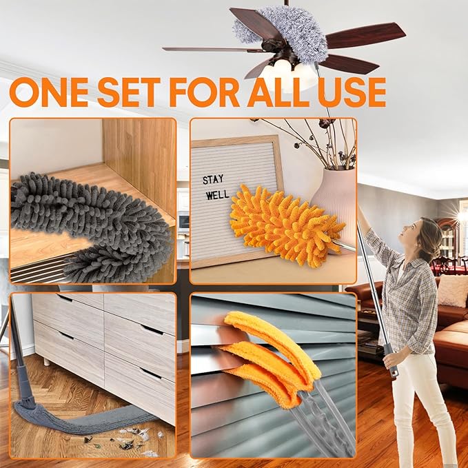 Dusters for Cleaning High Ceiling Fan Newliton Microfiber Duster with Extension Pole 30-100 Long Handle for Ceiling Fans Blinds Cobweb Home Orange