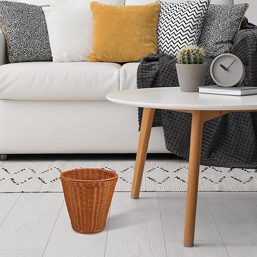 Lurrose Woven Storage Basket with Lid Round Desktop Trash Can Multipurpose Sundries Container in Brown Imitation Rattan Wastebasket for Home Office Organization