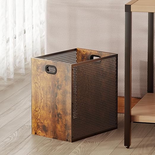 Retro Office Trash Can Iron and Wood Combination Bedroom Garbage Can Rectangular Design Wastebasket with Handle Industrial Style Trash Can for Home Office 4.5 Gallon (Patent Pending)