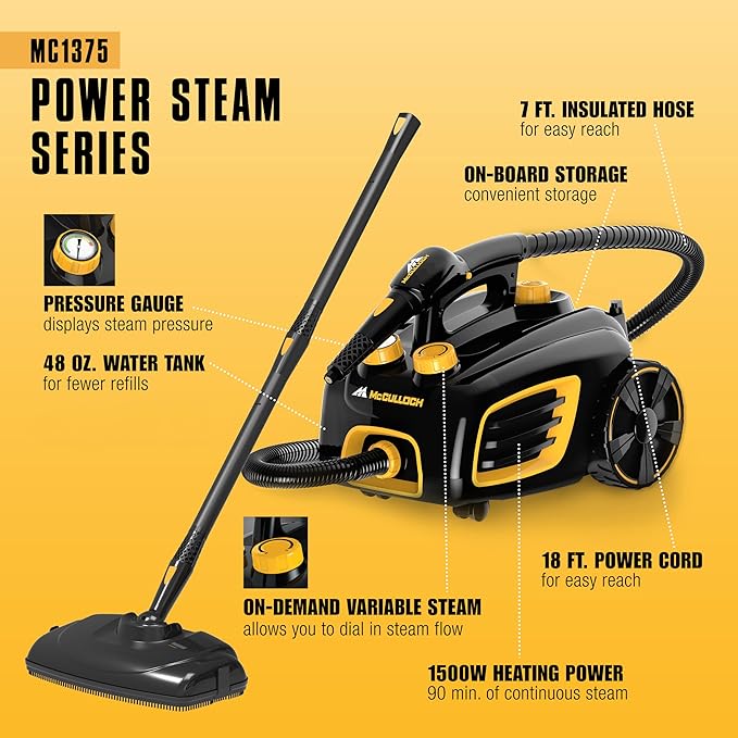 McCulloch Canister Steam Cleaner MC1375 90 Minute Runtime 20 Accessories Jet Nozzle Brushes &amp More - Steam Cleaner for Home Tile Carpet Furniture &amp Personal Car Detailing