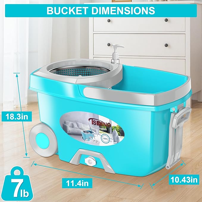 FunClean Spin Mop and BucketMop and Bucket with Wringer Set for Home360 Spinning Mopping Floor Cleaning Tool with 6 Microfiber Replacement Head Refills61 Extended Handle 2X Wheel - Blue