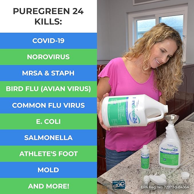PureGreen24 Institutional pack Safe &amp Effective Disinfectant. Kills Deadly Germs including RSV Norovirus MRSA Staph Infuenza A Contains no toxic chemicals. 2 gallons 6 32oz sprays 10 Microfiber