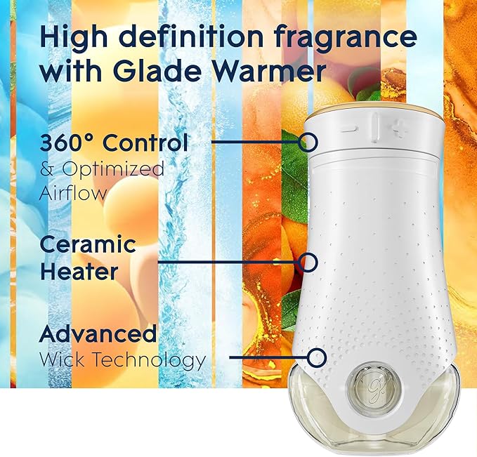 Glade PlugIns Refills Air Freshener Starter Kit Scented and Essential Oils for Home and Bathroom Coastal Sunshine Citrus 4.02 Fl Oz 2 Warmers + 6 Refills