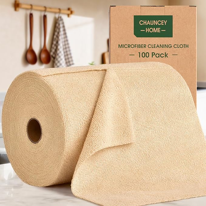 Microfiber Cleaning Cloth Roll - 100 Pack Tear Away Microfiber Paper Towels Reusable Washable Scratch-Free Kitchen Towels for Car Home Kitchen Glass Dishes (Wheat Beige)