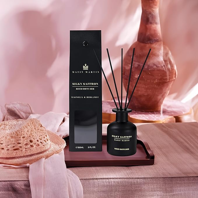Matin Martin Silky Saffron Reed Diffuser 5 oz - Luxury Aromatherapy with Magnolia Bergamot - Home Decor Gift for Bedroom Office Living Room Bathroom - Long-Lasting Scent - Premium Fragrance Sticks