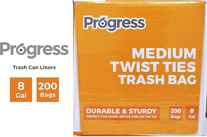 Progress Trash Bags – 8 Gallon Twist Tie Portable Garbage Bags Can Liners for Kitchen Bedroom Bathroom Office Car | Waste Disposal Supplies (200 Count)
