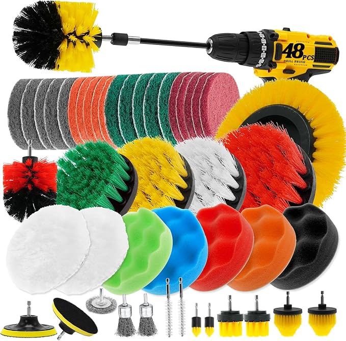 48 Pcs Drill Brush Attachments Set Scrub Pads &amp Sponge &amp Wire Brush for Drill Power Scrubber Brush with Extend Long Attachment Drill Scrubber Brush Kit for Bathroom Floor Car Grout