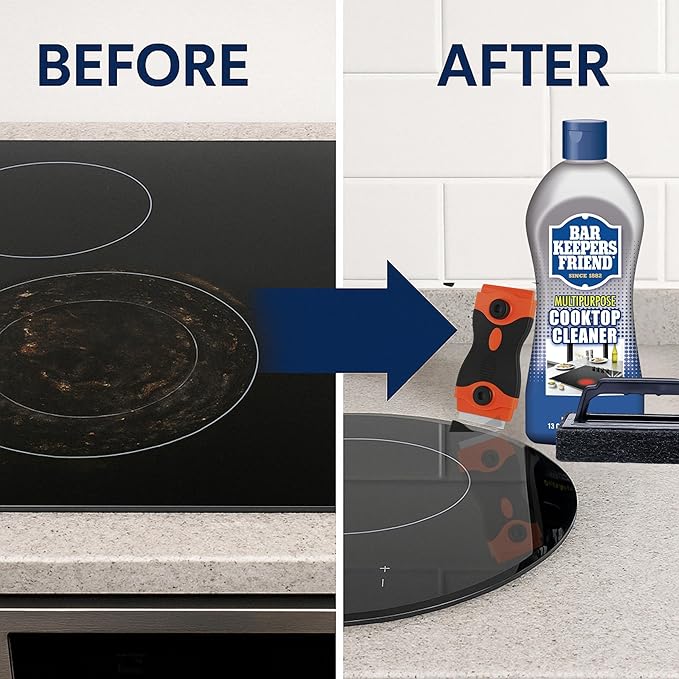 Glass StoveTop Cleaner For Electric Stove Flat Top. Kit Includes Cleaner Liquid Scraper Tool &amp Scrub Brush For Streak-Free Ceramic Gas &amp Induction Stove. Removes Grease &amp Oil Stains (