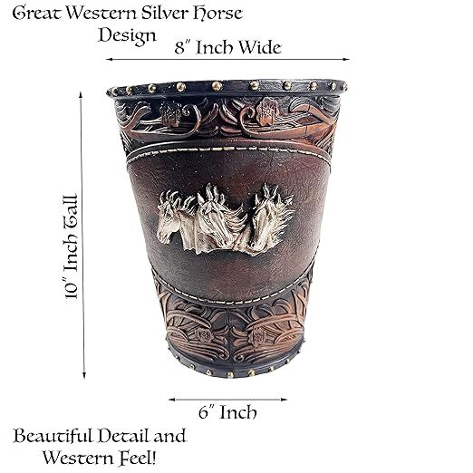 Urbalabs Silver Horse Leather Look Western Rustic Bathroom Trash Can Office Waste Basket Country Decor Rustic Office Garbage Can Cowboy Gun Decor Bathroom Decor Man Cave Western Waste