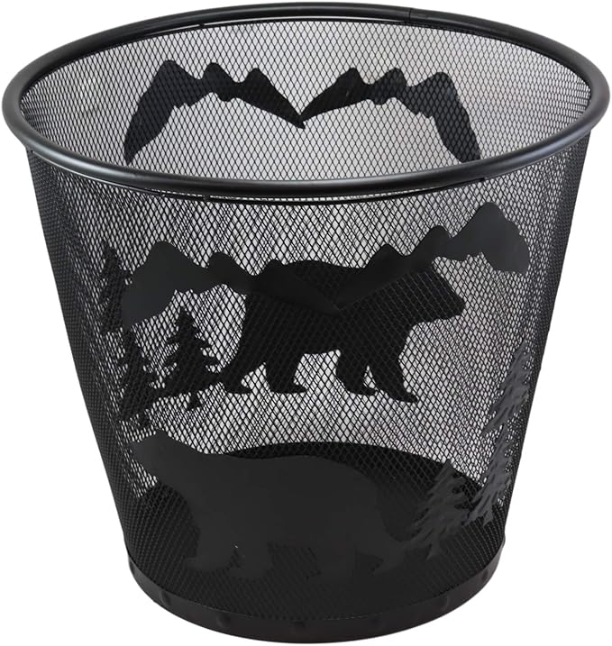 Ebros Wildlife Rustic Black Bears Roaming Pine Trees Forest by The Mountains Metal Wire Waste Basket Bin 14 Diameter Bear Home and Bathroom Accent Western Country Cabin Lodge Decorative Trash Can