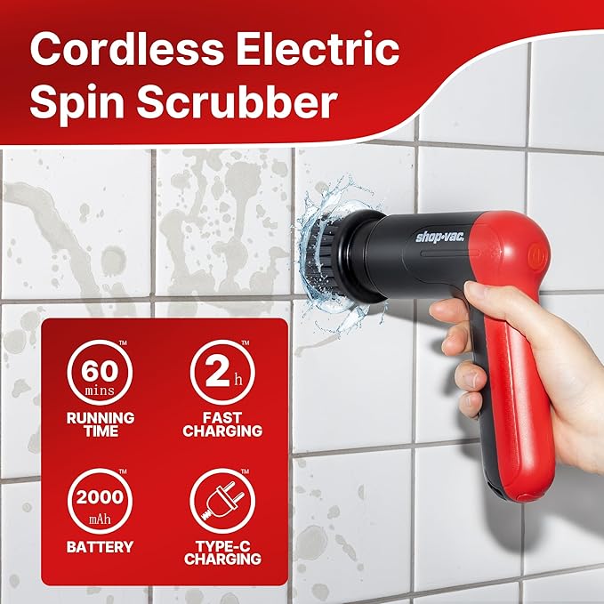 Shop-Vac Cordless Spin Scrubber 2-Speed (180/240RPM) Electric Cleaning Brush with 5 Multi-Surface Heads 2000mAh Battery 60-Min Runtime for Kitchen &amp Bathroom