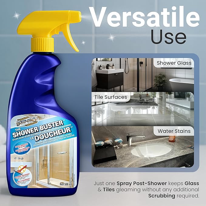 SURF PRO Shower Glass Door Cleaner – Shower Buster Spray for Soap Scum &amp Hard Water Stains – No Scrub Bathroom Cleaner for Glass Tile Chrome Ceramic RV and Septic Safe (500ml / 16.9oz)
