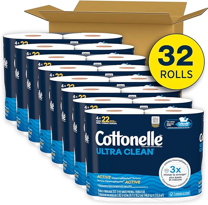 Cottonelle Ultra Clean Toilet Paper with Active CleaningRipples Texture 1-Ply Strong Bath Tissue 32 Family Mega Rolls = 176 Regular (8 Packs of 4) White