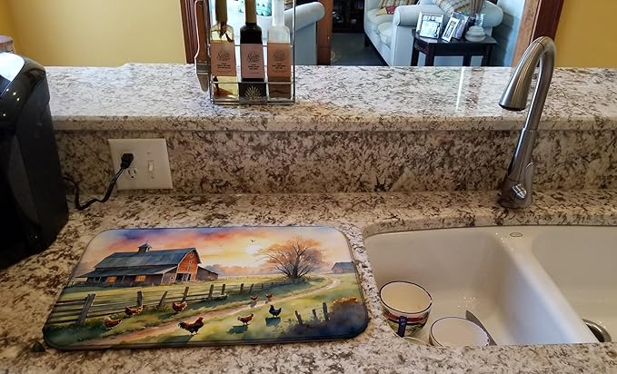 Caroline's Treasures Chicken Farmyard Sunrise Dish Drying Mat Absorbent Dish Drying Mat Pad for Kitchen Counter Dish Drainer Mat for Countertop 14 x 21 Multicolor