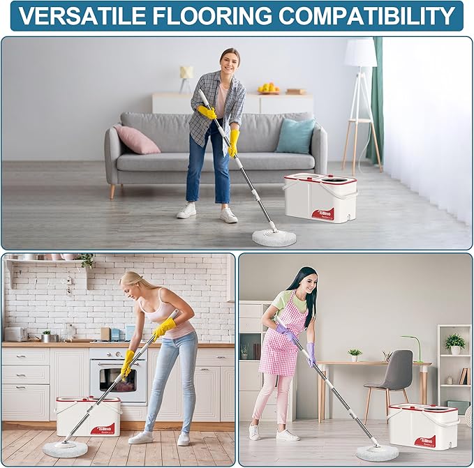Gen 1 Large-Capacity Spin Mop and Bucket – for Big Homes &amp Deep Cleaning Days4-Chamber System Separates Dirty &amp Clean Water 2-GAL Heavy-Duty Design with Wheels &amp 6 Refill Mop Heads - Whi