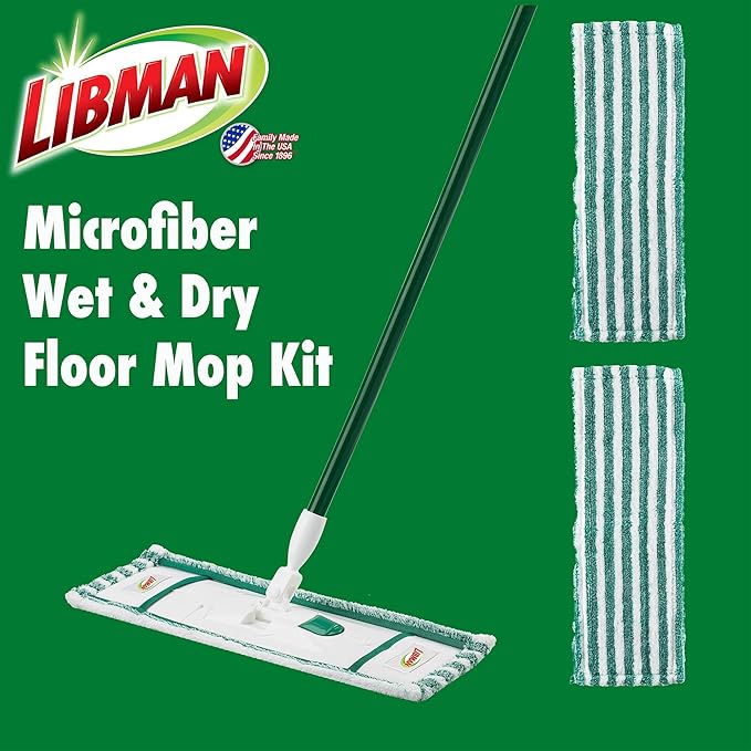 Libman Wet &amp Dry Microfiber Mop Kit Plus Refills | Dust Mop for Hardwood Floors | Wall Mop | Mops for Floor Cleaning | 3 Total Microfiber Mop Pads Included | 1 Handle &amp Base