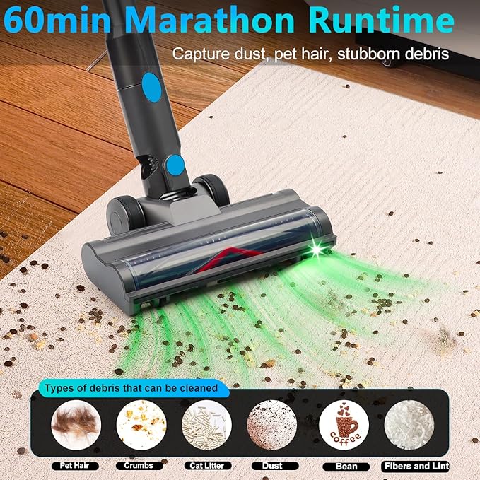 Cordless Stick Vacuum Cleaner: 45kPa Powerful Suction &amp 60Min Runtime Self-Standing with Green Light &amp Anti-Tangle Brush Rechargeable Lightweight Vacuum for Home Pet Hair on Carpets and Hard