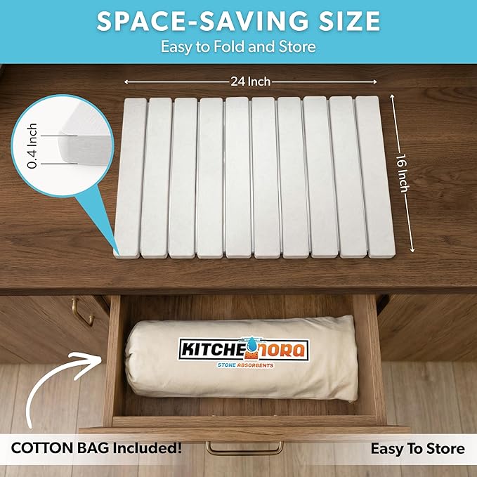 Stone Drying Mat for Kitchen Counter (White Large) - Super Absorbent 30sec Fast-Drying Diatomite Dish Mat Collapsible for Kitchen.