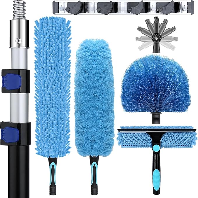 20ft High Ceiling Duster Kits with 5-12ft Heavy Duty Extension Pole - Fan Blade Cleaner Cobweb Remover &amp Blue Window Squeegee Kit Washable Dust Brush for High Roof and Glass Surfaces