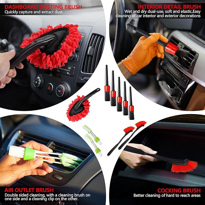 35Pcs Car Detailing Kit Car Cleaning Kit with Windshield Cleaning Tool and Tool Box Interior &amp Exterior Auto Care Supplies and Brushes (B：35PCS-R)