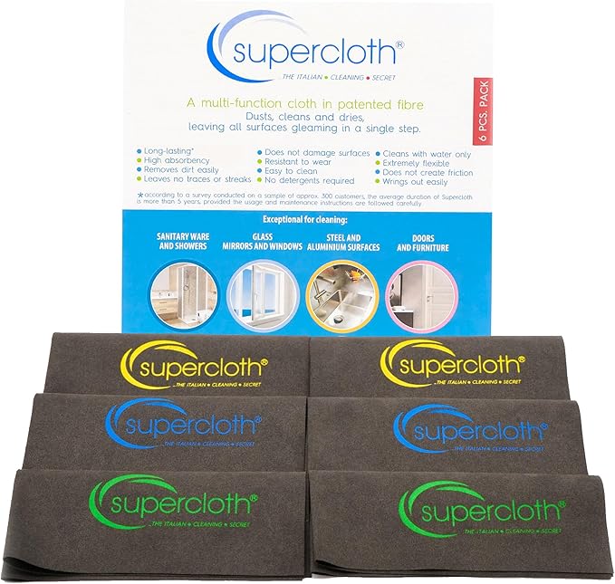 Supercloth® Premium Microfiber Cleaning Cloth for All-Purpose Lasts Over 5 YEARS Glasses Cleaning Cloth Microfiber Cleaning Cloth for Cars Magic Reusable Cloth Streak-Free 100% Made in Italy (6pk)