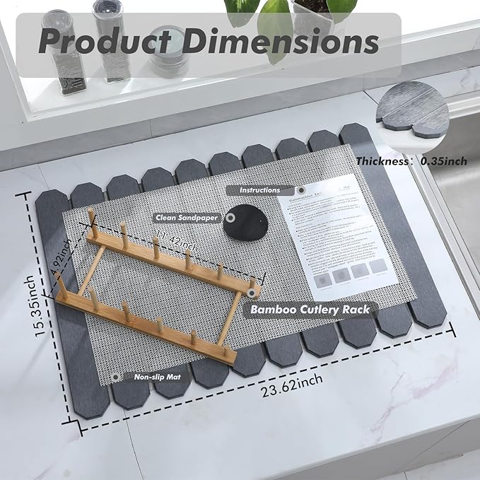 Stone Drying Mat for Kitchen Counter Quick Drying Stone Dish Drying Mat Diatomaceous Earth Drying Mat for Kitchen Counter Dish Drying Mat Foldable  Quick Drying Stone Mat (Grey 24×16)