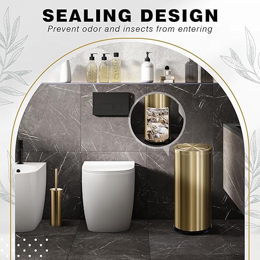 Maxdot 2 Pcs 8 Gallon/30 L Gold Bathroom Trash Can with Flip Lid and Toilet Brush Set Large Luxury Stainless Steel Garbage Trash Can Wastebasket Bin for Commercial Office Hotel Bathroom Shopping Mall