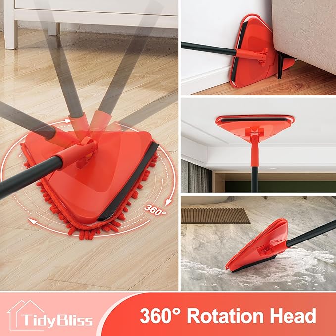 Wall Cleaning Mop with Long Handle 80” Ceiling Duster Scrubber with 360° Swivel Collapsible Head Baseboard Cleaner Tool with 3 Chenille and 3 Microfiber Pads for Windows Floor (Red)
