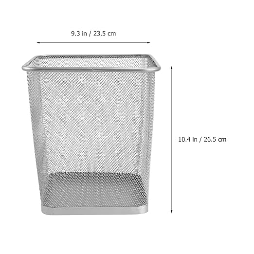 Metal Office Trash Can Small Square Silver Iron Mesh Waste Basket Bottom Paper Bin for Bathroom Bedroom Kitchen Living Storage