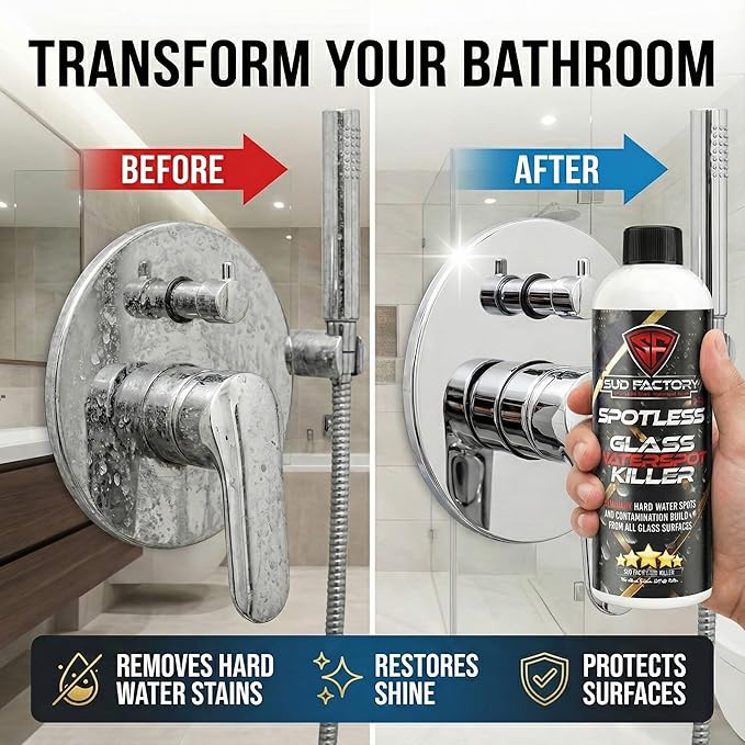 Sud Factory Hard Water Spot Remover for Glass Spotless X2 - Removes Water Stains from Shower Doors Car Windows Windshields - Professional Strength 16oz